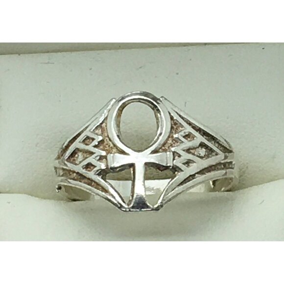 Egyptian Sterling Silver Ankh Cross Ring Key Of Life Open Work Cross Band - Picture 1 of 4